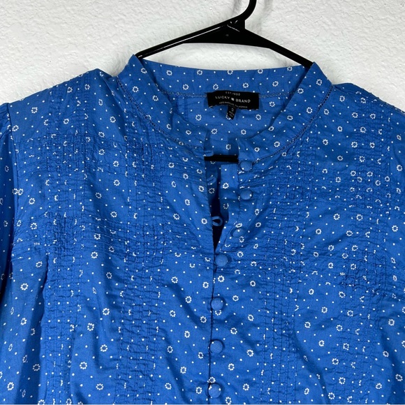 Lucky Brand Blue Button Down Peplum Pleated Shirt Dotted Floral Long Sleeve S - Picture 2 of 5
